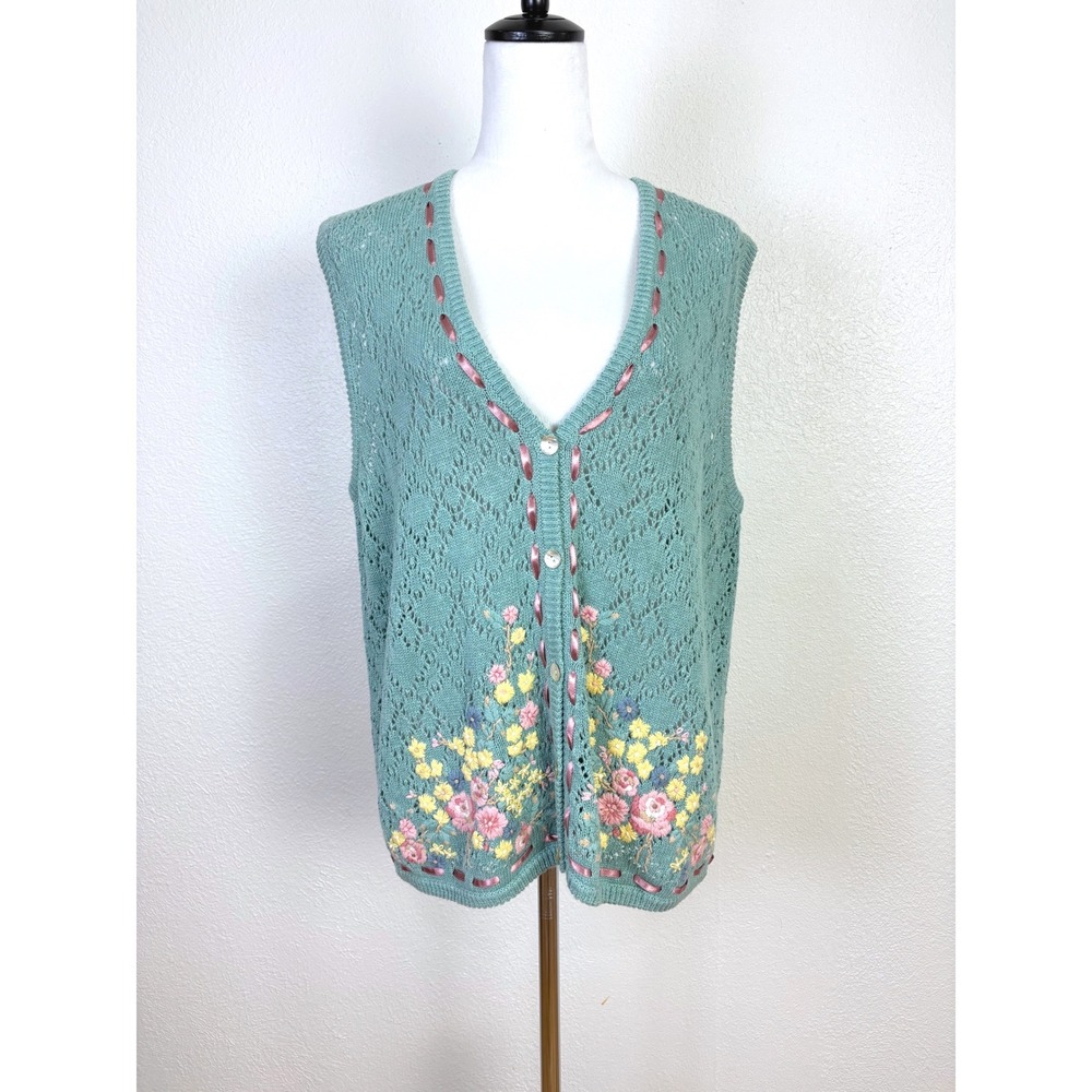 Y2K‎ Vintage Pastel Floral Embroidered Open Knit Cardigan Vest Large Cottagecore